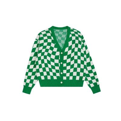 China Breathable Spring/Autumn Vintage Checkerboard Sweater Women's 2022 Size Loose Knit Cardigan for sale