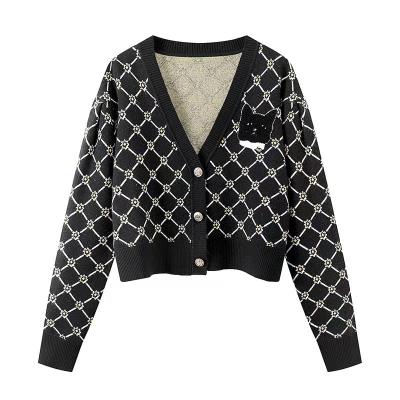 China Breathable spring/2022 new fall jacquard mesh knit sweater cat embroidery flower V-neck cardigan coat women short sweater for sale