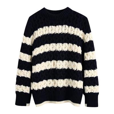 China Breathable Windy Black Sweater Woman White Striped Retro Pullover Loose Lazy Crewneck Long Sleeve Knit Sweater for sale