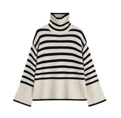 China Long Medium Wide Half Breathable Top Stripe Charm Color Collar Knit Loose Languid Wind Women's Lazy Sweater Pullover for sale