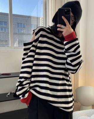 China New Fashion Anti-pilling Casual Spring Off Shoulder Design Striped Sweater Loose Soft Waxy Knitted for sale