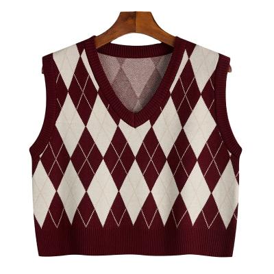 China 2022 Women Sweater Export V-Neck Breathable Vest Geometric Knit With Retro Layered Vest Short Vest for sale