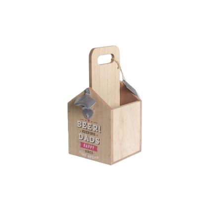 China Sustainable 4-Pack Wooden Beer Carrier Wine Bottle Storage Box With Bottle Opener for sale