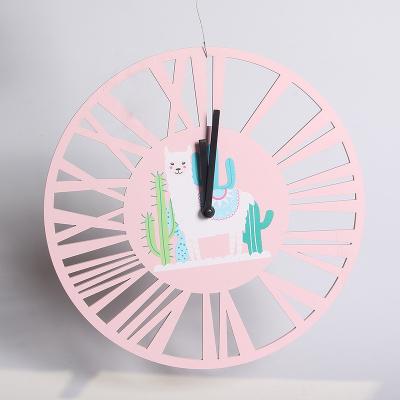 China Classy Vintage Wall Clock Wooden High Quality Round Carved Pink Cute Llama Home Decorative Carving Clock for sale