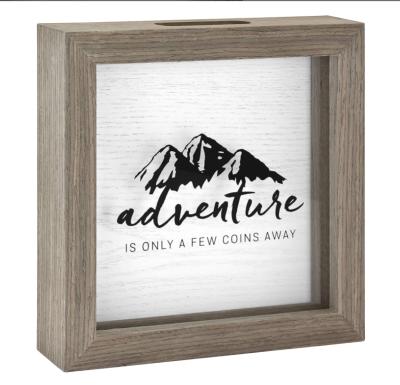 China The CLASSIC Shadowbox Adventure Fund Bank Gray Woodgrain Wooden Shadow Box Display Piggy Bank for sale