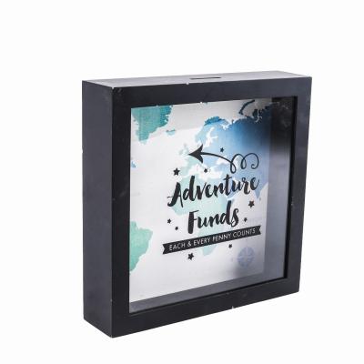 China Home Office Hotel Decoration Coin Saving Box Black Bank Custom Wooden Glass Currency Box For Kids for sale