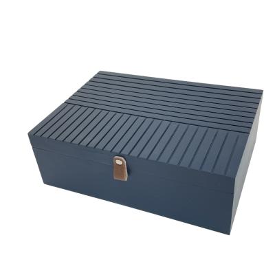 China CLASSIC Navy Blue Striped Grooved Flip Wooden Box With Leather Handle for sale