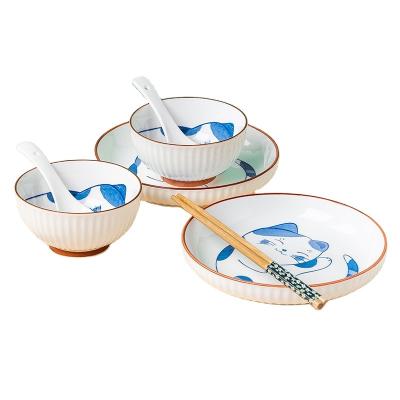 China Japanese Style Ceramic Bowls Stocked Cat For Kitchen Home Wholesale Blue Bowl for sale