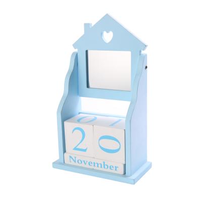 China Blue Table Calendar Wooden Blocks Desk Calendar Manual Display with Rectangular Makeup Mirror for Home Decoration Perpetual Desktop Calendar for sale