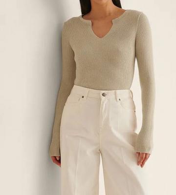 China Anti-pilling anti-pilling fashionable office kitted clothes elegant ripe elegant ladies fashion v sweater tops by korean ribbed neckline for sale