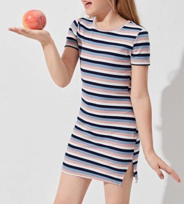 China 2021 Fashion Design Breathable Kids Clothes Breathable Girls Dresses Party Short Sleeve Girls Split Edge Colorful Striped Rib-knit Dress for sale