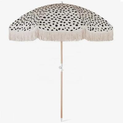 China Best Selling Transitional Factory Luxury Outdoor Yellow Stripes Large Wooden Poles With Spinning Tassel Beach Umbrella for sale