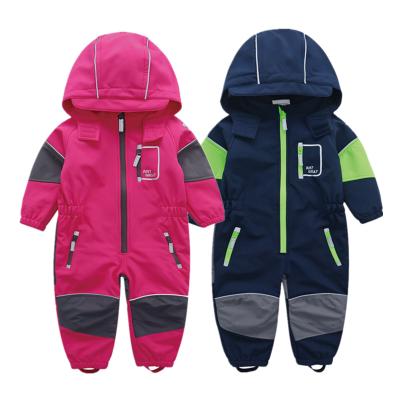 China OEM Custom outdoor kids softshell hooded fleece jumpsuit waterproof windproof overall one-piece suit for children outwear for sale