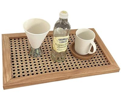 China Wholesale Natural Material Rectangle Decorative Basket Tray with Rattan Mesh and Solid Wood Frame for Breakfast, Snack, TeaW for sale