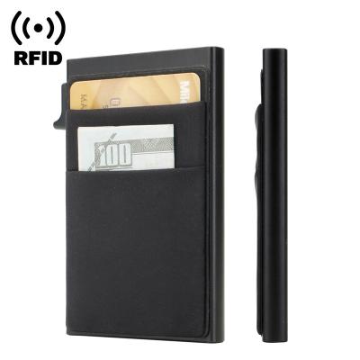 China 2023 RFID Men's RFID Blocking Leather Wallet Credit Card Holder Minimalist PU Aluminum Wallet for sale