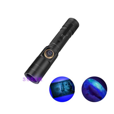 China Aluminum Alloy High Power Blacklight Verify Counterfeit Banknotes USB Rechargeable 365nm Flashlight Ultraviolet UV Light Led Flashlights for sale