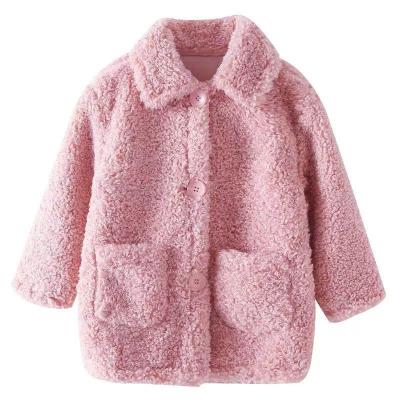 China Little Girls Pink Toddler Size Girls Winter Warm Fur Coat Plus Size Clothes And Orange Plush One Piece Coat for sale