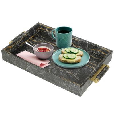 China Eco-friendly European Style Nordic Marble Tray Home Decoration With Gold Handles Marble Serving Tray for sale