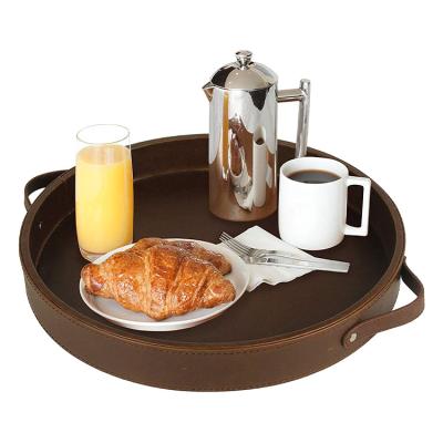 China Tray Tea Coffee Snack Non-Slip Serving Eco-Friendly Round Leather Decorative Coffee Dishes With Handles for sale