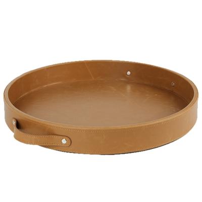 China Decorative / Modern Custom Handmade Vintage PU Leather Round Serving Tray With Handles for sale