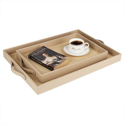 China Wholesale Eco-Friendly Rectangle Light Brown Rattan Serving Tray Set Of 2 With Leather Handles Accessory for sale