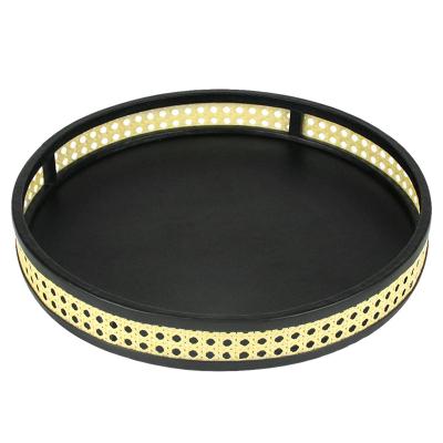 China Eco-friendly Home Leather Food Round Decorative Rattan Serving Trays For Breakfast for sale