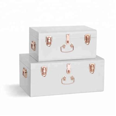 China Sustainable Metal Trunk Organizers Set 2 Colored White Metal Storage Trunk Locked Trunk Boxes With Rose Gold Accessories for sale