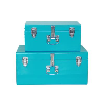 China Sustainable Metal Trunk Organizers Set Antique Bule 2 Colored Metal Storage Trunk Box With Lock for sale