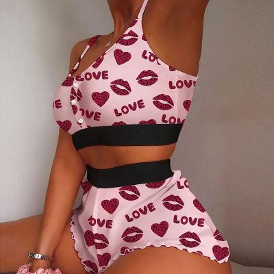 China 2022 valentines sexy QUICK DRY sleepwear women Pajamas Lounge Wear designer pajamas summer print crop top pajama shorts set for sale