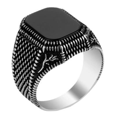 China Hiphop New Arrival 925 Sterling Silver Ring Men Vintage Natural Black Onyx Stone Ring for sale