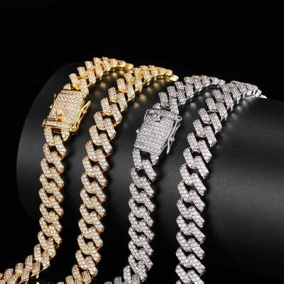 China Mens Hip Hop Jewelry 12mm Cuban Chain Necklace Non-fading Gold Plated Iced Out CZ Fork Cuban Link Diamond Cuban Chain Necklace for sale