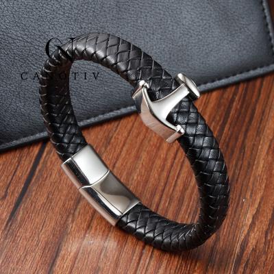 China Fashion Black Genuine Leather Bracelet For Charm Jewelry Stainless Steel Anchor Hook Metal Leather Bracelets for sale