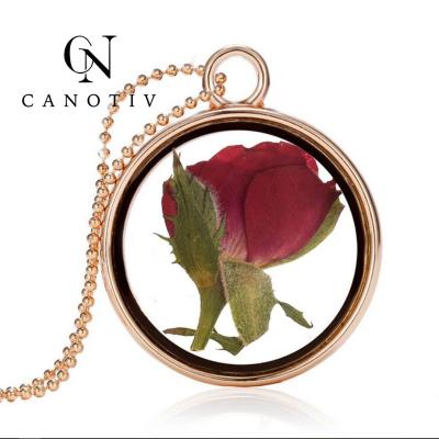 China Fashion Charming Rose Glass Floating Lockets Romantic Dry Pendant For Women Natural Dry Flower Pendants Necklace for sale