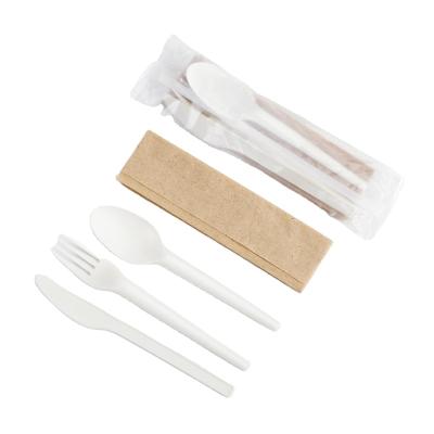 China Disposable Stocked Eco Friendly Cornstarch Restaurant Disposable Cutlery Set With Napkin Aircraft Disposable Cutlery for sale