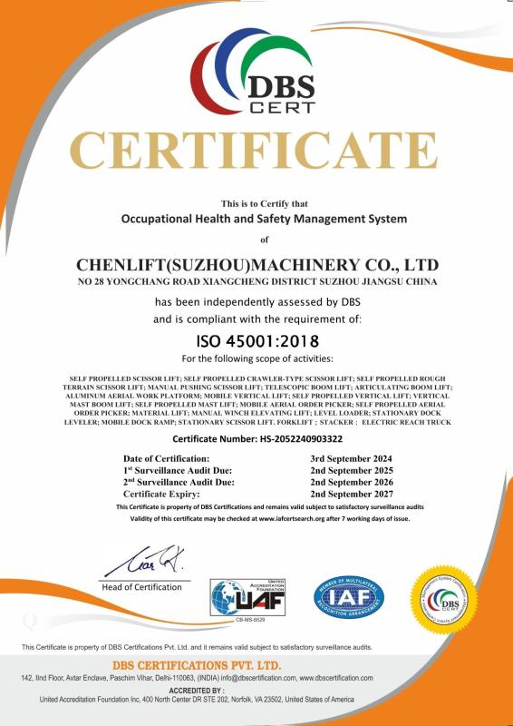 ISO 45001:2018 - CHENLIFT (SUZHOU) MACHINERY CO LTD