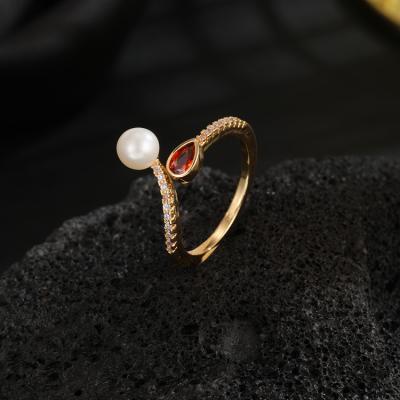 China TRENDY Simple Style 18k Gold Plated Natural Freshwater Red Diamond Ring White Pearl Ladies Rings for sale