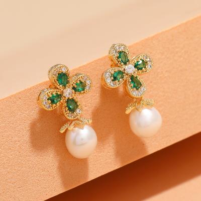 China TRENDY S925 Sterling Silver Natural Pearl Earrings Gold Plated Green Four Leaf Clover Earrings Jewelry For Women for sale