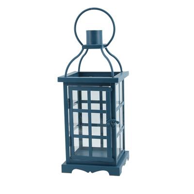 China Home Decoration Blue Metal Candle Holder with Glass for Home and Garden Decor Indoor Decorative Candle Lantern with Stand for sale