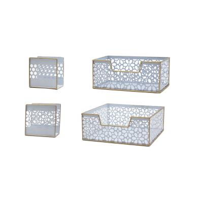 China Home Decoration Modern Metal Blue Tissue Box Hollow Out Design Flower Patterns Napkin Holders For Living Room Restaurant for sale