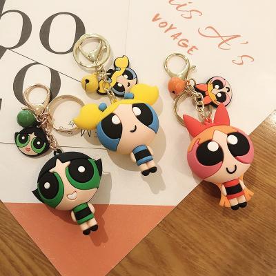 China Eco-friendly Cute Cartoon 3D Pendant Promotional Finger Ring Key Chain Decoration Accessories Powerpuff Girls Key Chain Wholesale Gifts for sale