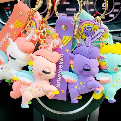 China Hot Selling Cute 3D Cartoon PVC Eco-friendly Unicorn Keychain Animal With Rope Toys Kids Key Ring Chains for sale