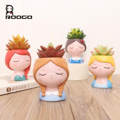 China Wholesale Europe Roogo novelty fairy tale girl resin plant flower pots bonsai home and garden succulent pot decoration for sale