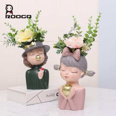 China Cute Modern Girl Decor ROOGO Resin Flower Pot Garden Plant Girl Shaped Pot for sale