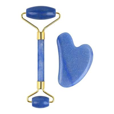 China Wholesale Heart Shaped Natural Blue Jade Roller And Gua Sha Stone Body Neck Eye Face Massage Best And Face Roller 100% Aventurine Stone Gua Sha Tools for sale