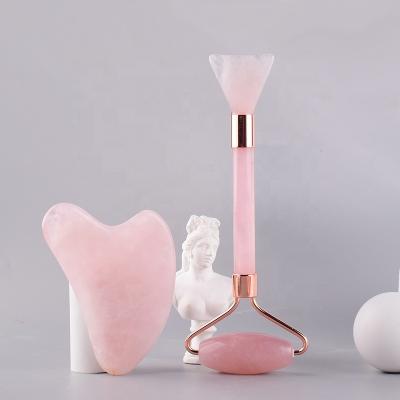 China Wholesale Facial Massager Face Eye Neck Body Beauty Skin Massager Gua Sha Tools Metal Welded Natural Stone Crystal Rose Jade Roller And Gua Sha for sale