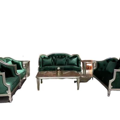 China Best Selling French Classical European Neoclassical Best Design Modern Living Room Furniture Wood and Green Suide Velvet Silver Sofas Set for sale