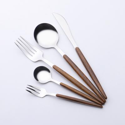 China Sustainable Eco-Friendly Mirror Steak Knife Polish Flatware Set Stainless Steel Cutlery Flatware Set With Wooden Pattern Handle for sale