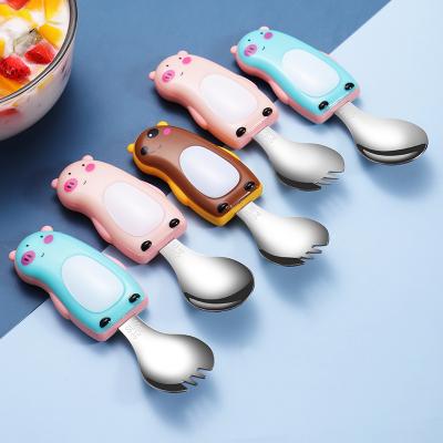 China Viable Stainless Steel BPA Shape Pig Bear Free Pattern Cute Spoon Fork Child Kids Cutlery Set With Box for sale