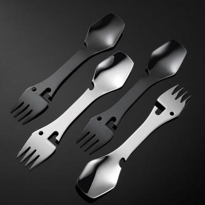 China Amazon Selling Hot Viable Stainless Steel Utensil Spork Knife Spoon Fork Camping Bottle Can Opener 5 in 1 Multi Functional Flatware for sale