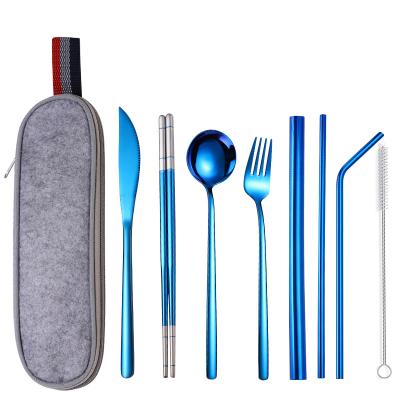 China Sustainable Reusable Camping Stainless Steel Knife Fork Spoon Straw Set Travel Cutlery With Customized Pocket for sale